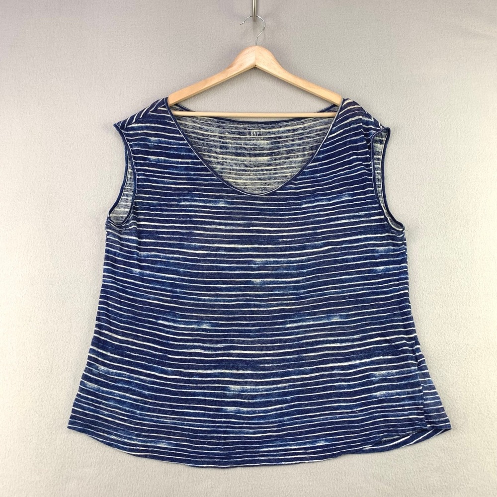 Gap Elysian Blue Linen Tee Tank Top Women Medium Blue Striped Sleeveless V-Neck